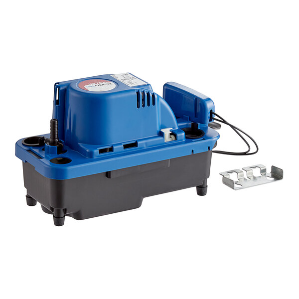 A blue and black plastic Little Giant VCMX-20ULS condensate pump with a metal bracket.