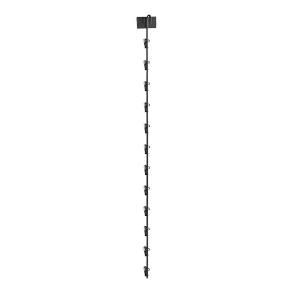 A black pole with a long line of black clips hanging from it.