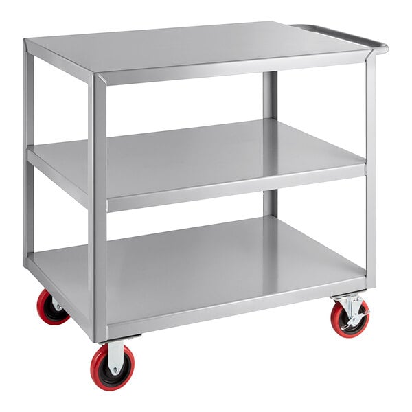 A silver Lavex steel utility cart with three shelves and wheels.