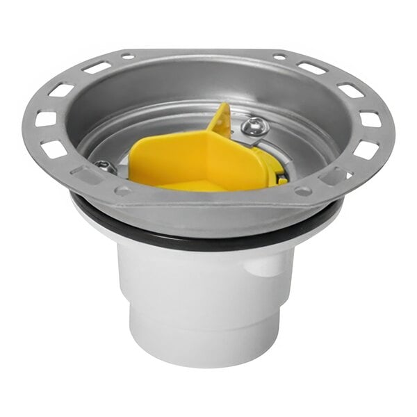 A white and yellow Oatey PVC freestanding tub drain kit with a yellow stainless steel flange.