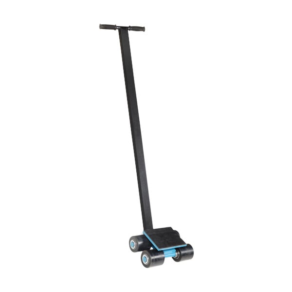 A black and blue steerable machine skate by Vestil with wheels.