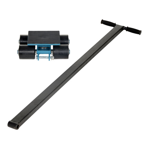 A black and blue steerable machine skate with a black handle.