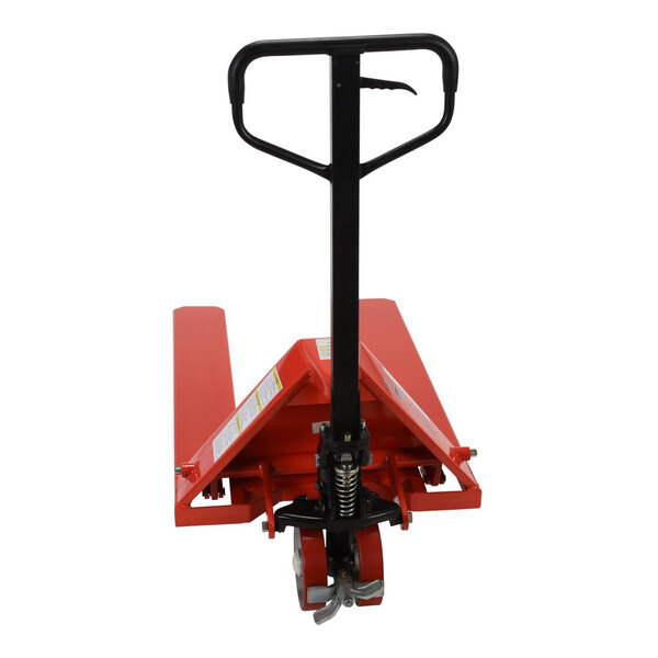 A red Vestil steel wheel nose pallet truck with black handle.
