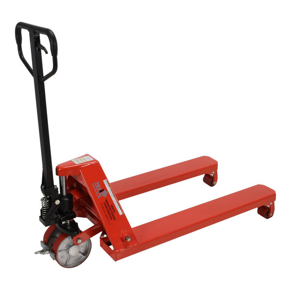 A red Vestil steel wheel nose pallet truck with a handle and wheels.