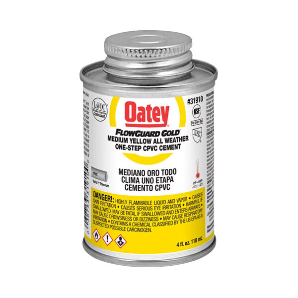 A can of yellow Oatey FlowGuard Gold liquid cement.