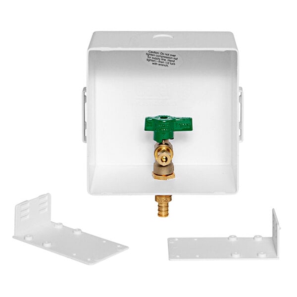 A white rectangular Oatey ice maker outlet box with a green valve and a green hose.