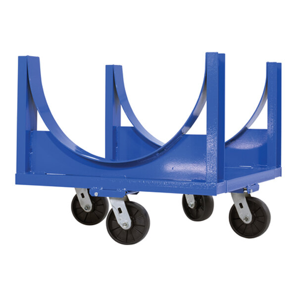 A blue steel heavy-duty cradle cart with four caster wheels designed for transporting cylindrical objects.