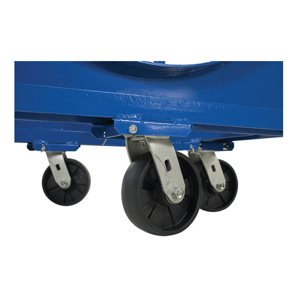 A blue steel heavy-duty cradle with four black caster wheels for mobility.