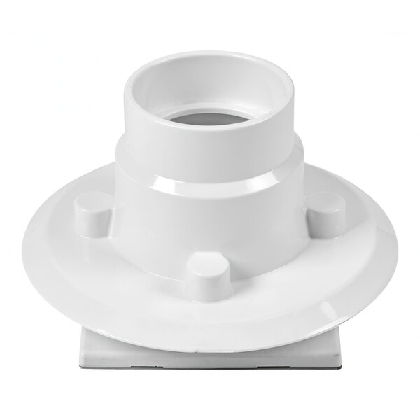 A white plastic Oatey shower drain with a hole.