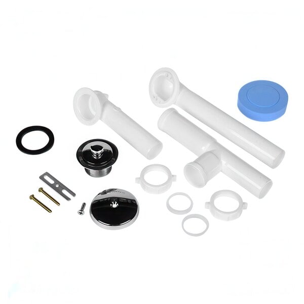 The white plastic Dearborn bath waste and overflow kit with a brass circle.