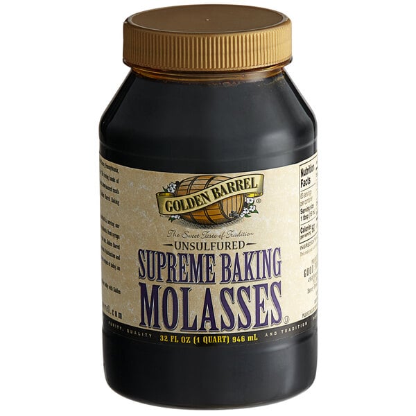 A black container of Golden Barrel Supreme Baking Molasses with a label.