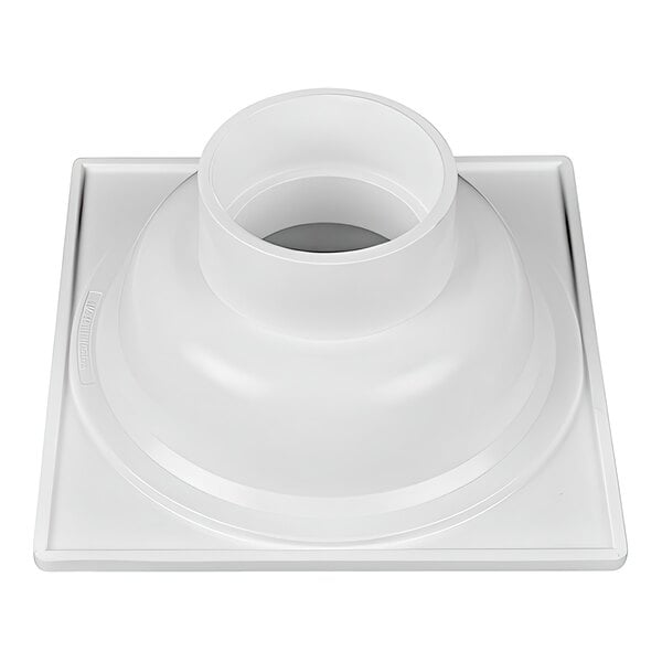 A white square PVC Bell Trap floor drain with a hole in the center.