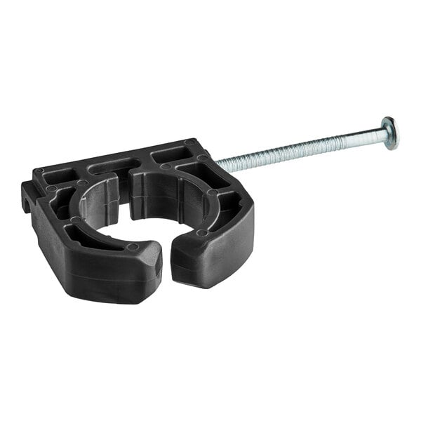 A black plastic Oatey pipe clamp with a screw.