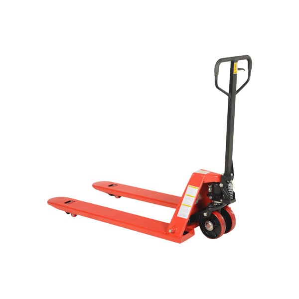 A red Vestil Steel Side Winder Pallet Truck with black wheels.