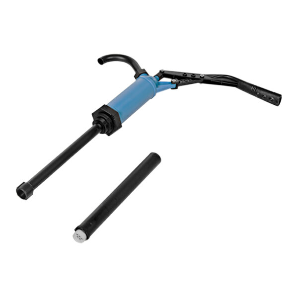 A Vestil blue and black polypropylene drum pump with a handle.