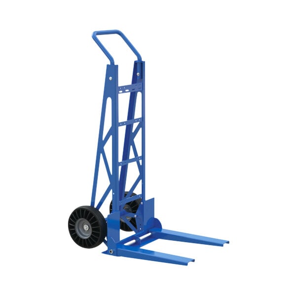 A blue Vestil steel hand truck with black wheels.