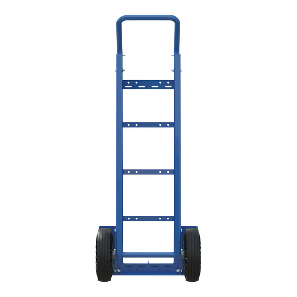 A blue steel Vestil fork hand truck with black wheels.