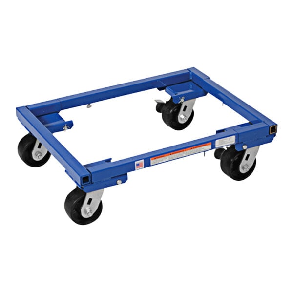 A blue metal Vestil tote dolly with black wheels.
