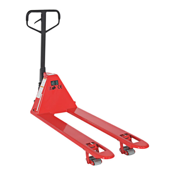 A red Vestil steel low profile pallet truck with wheels.