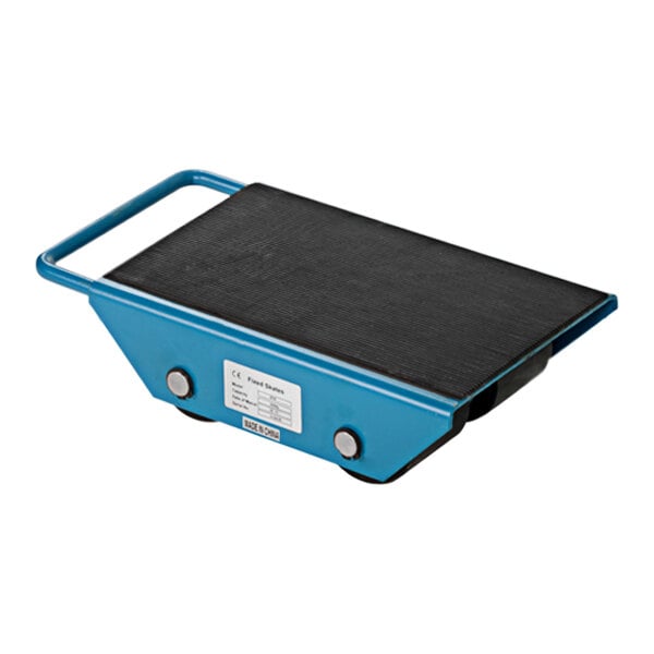 A blue and black Vestil machinery skate with wheels.