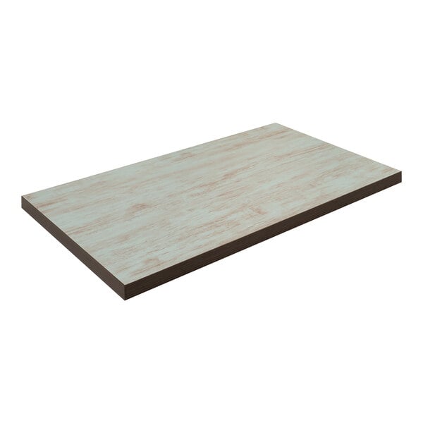 An American Tables & Seating double-sided laminate table top with a light blue wood grain finish.