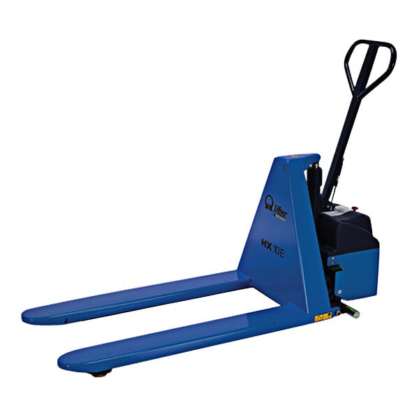 A blue Vestil steel high lift truck with black handles.