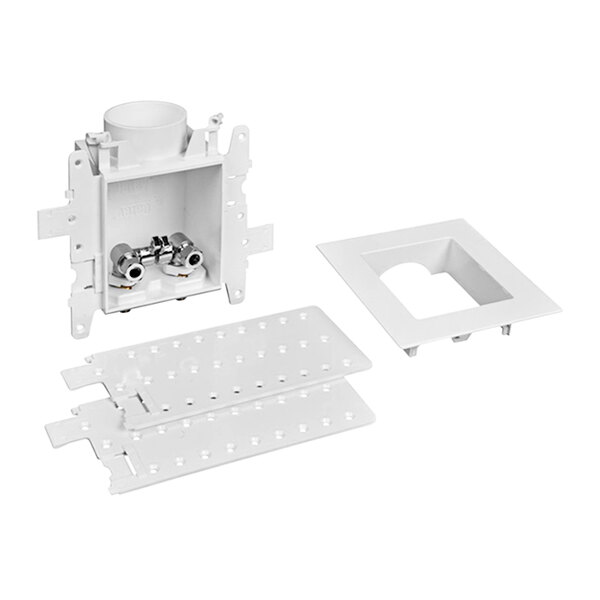 A white Oatey MODA PEX lavatory outlet box with two silver connectors.