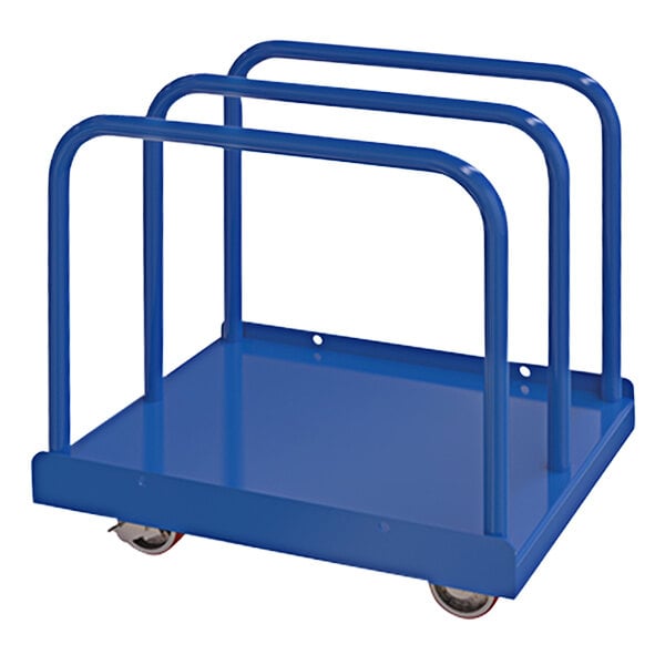 A blue Vestil heavy-duty panel cart with four metal bars and four wheels.