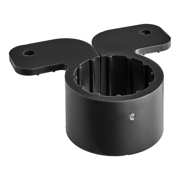 A black plastic Oatey suspension pipe clamp with two holes.