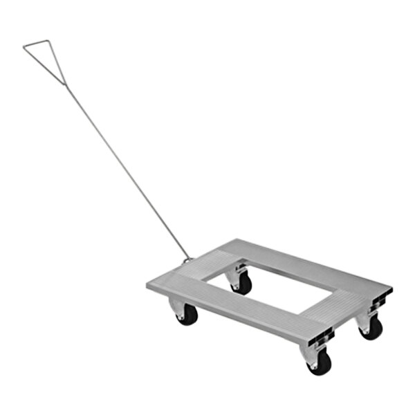 An aluminum Vestil dolly with a long handle.
