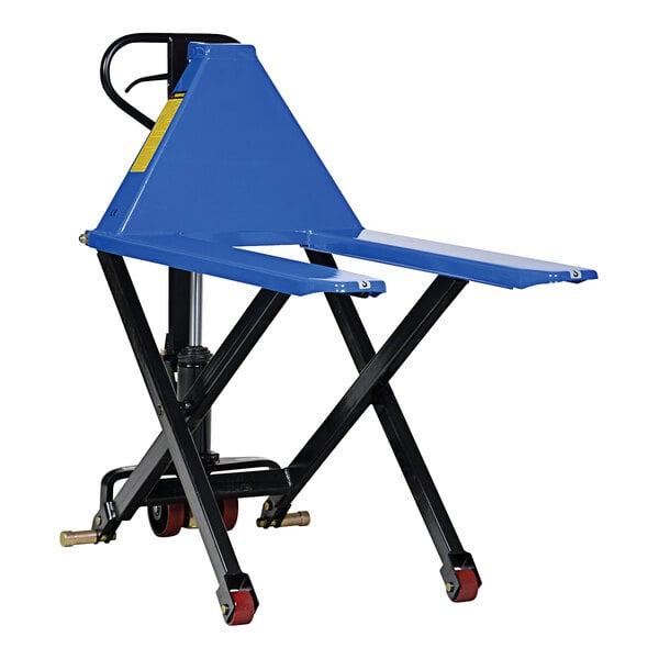 A blue and black Vestil steel tote lifter with forks.