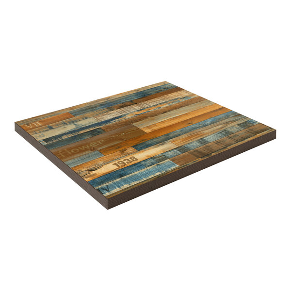 An American Tables & Seating square wood table top with different color planks.