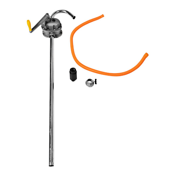 A Vestil aluminum drum pump with a metal rod and orange flexible hose.