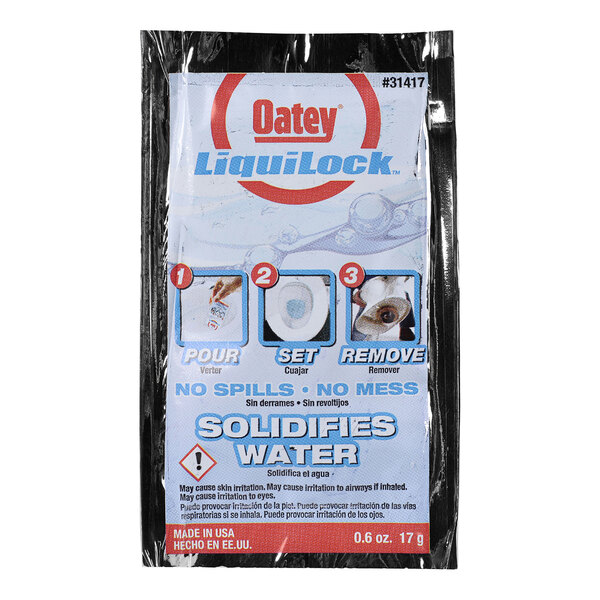A package of Oatey Liquilock water absorbing crystals.