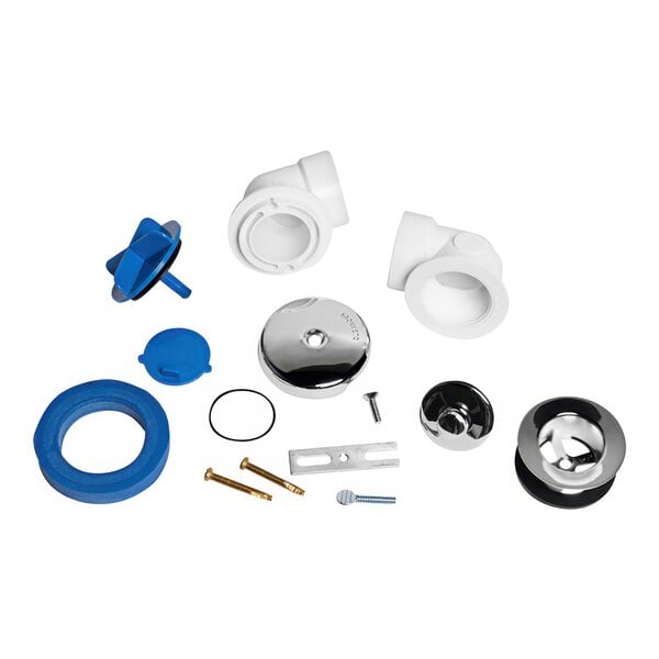 The Dearborn chrome bath waste half kit with brass and plastic parts and a faceplate with a hole.