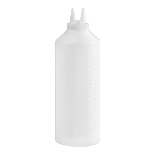 A white plastic Vollrath Twin Tip squeeze bottle with a black lid.