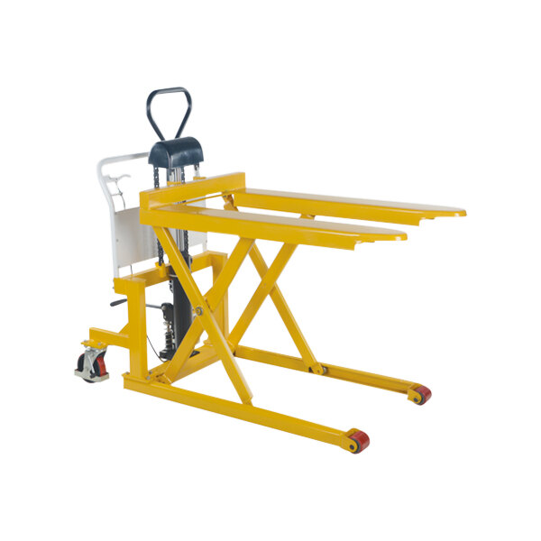 A yellow Vestil Tote-A-Load hydraulic forklift with black accents.