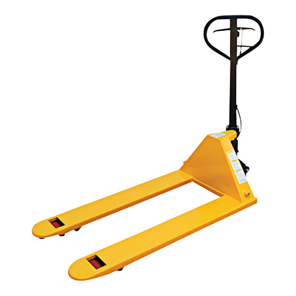 A yellow Vestil steel pallet truck with black handle and red labels.