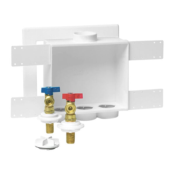 A white Oatey Quadtro washing machine outlet box with two valves.