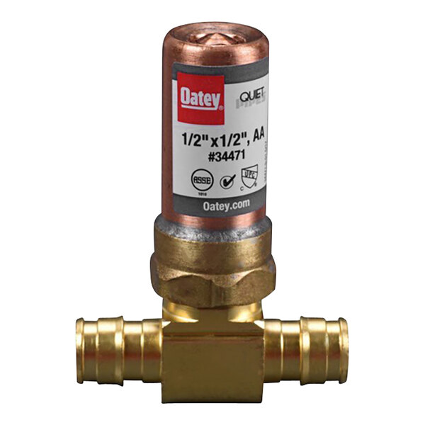 A brass Oatey Quiet Pipes AA Tee Hammer Arrestor.