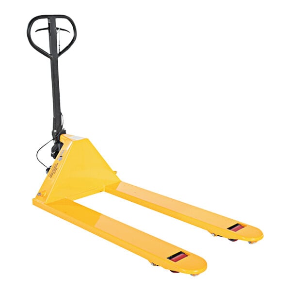 A yellow pallet truck with black handle.