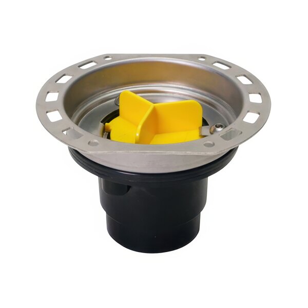 A yellow plastic Oatey freestanding tub drain kit with a stainless steel flange.