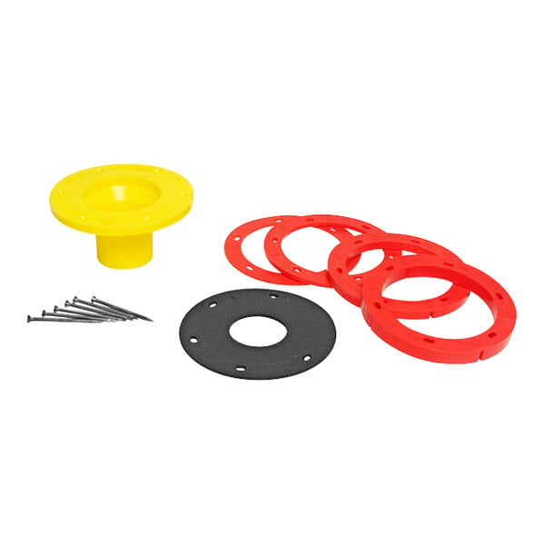 A yellow plastic and red rubber rings and screws in a white package.