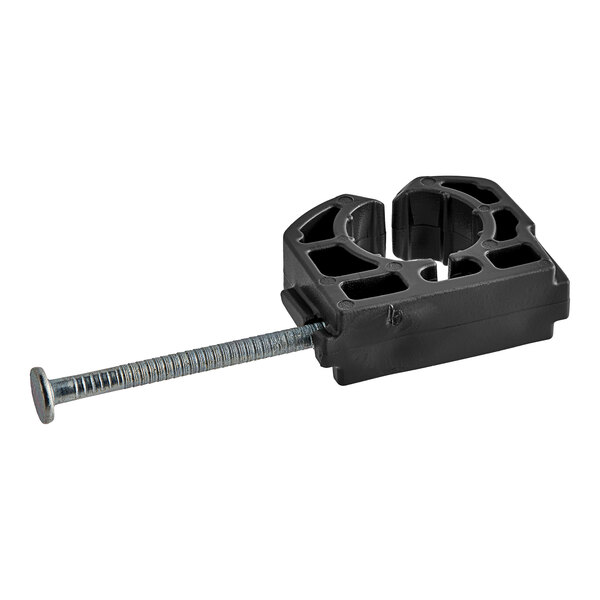 A black plastic Oatey pipe clamp with a metal bolt.
