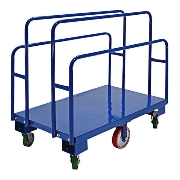 A blue steel Vestil vertical panel cart with metal bars and green wheels.