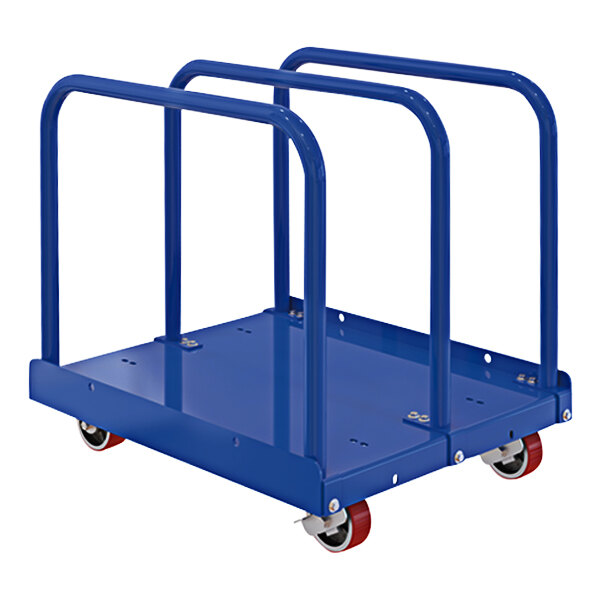 A blue Vestil heavy-duty panel cart with four red wheels.