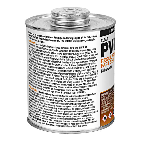 A close up of a can of Hercules Below Zero PVC Regular Clear Cement with black text on a white background.