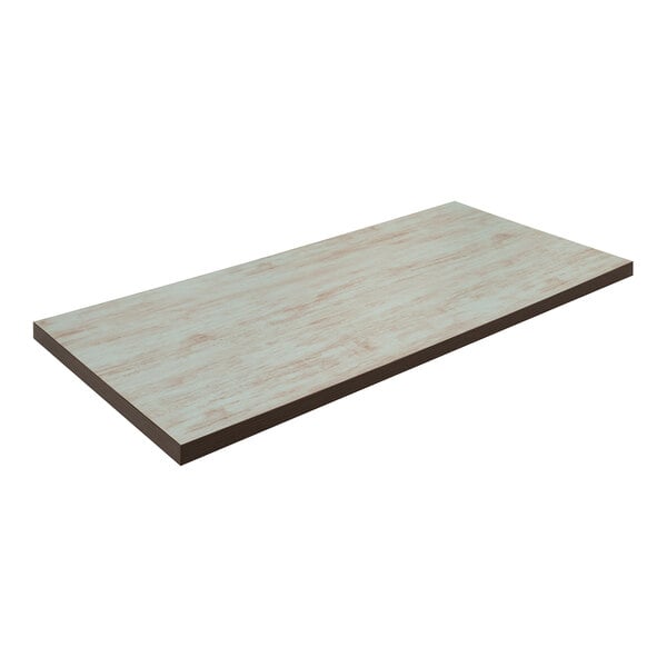 An American Tables & Seating double-sided table top with light blue and wood grain planks.