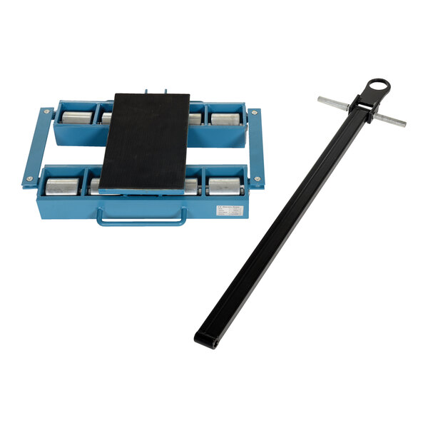 A black rectangular Vestil machine skate with silver rollers.