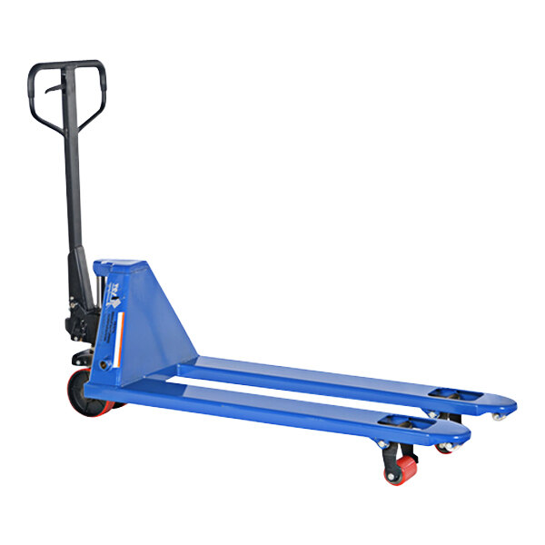 A blue Vestil steel pallet truck with black wheels and red handles.